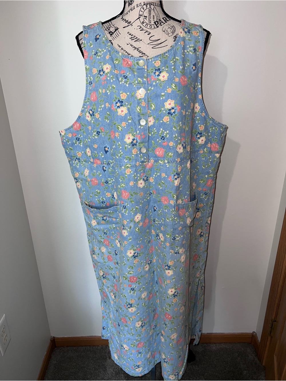 Vintage Susan Bristol Casuals Floral Cotton Denim Jumper Dress Plus 2W